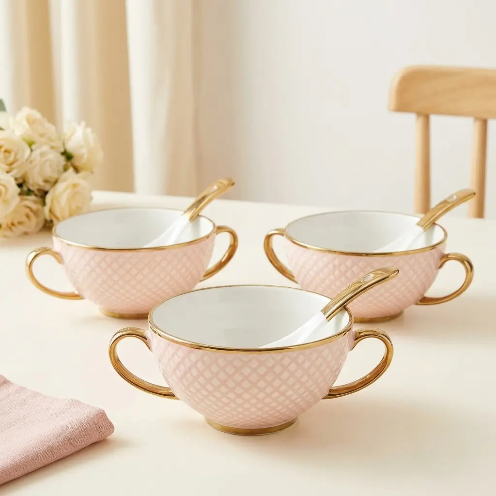 Pink & Gold Porcelain Soup Set – 12 Pcs | 6 Bowls + 6 Spoons