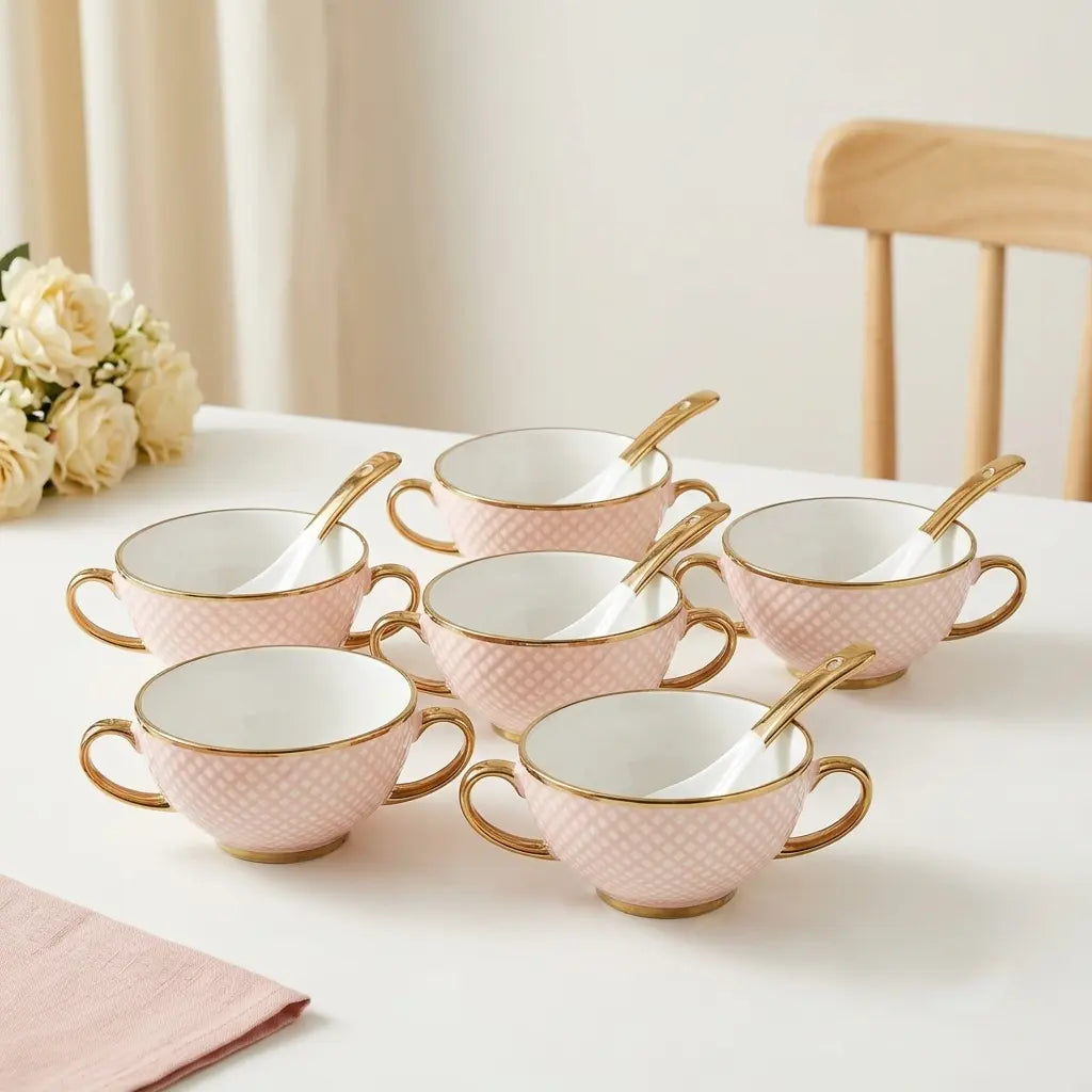 Pink & Gold Porcelain Soup Set – 12 Pcs | 6 Bowls + 6 Spoons