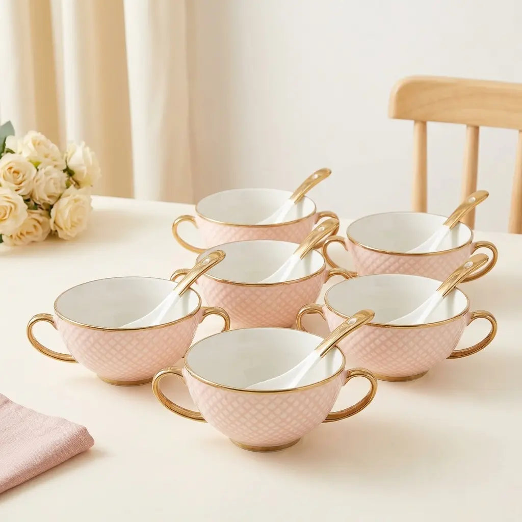 Pink & Gold Porcelain Soup Set – 12 Pcs | 6 Bowls + 6 Spoons
