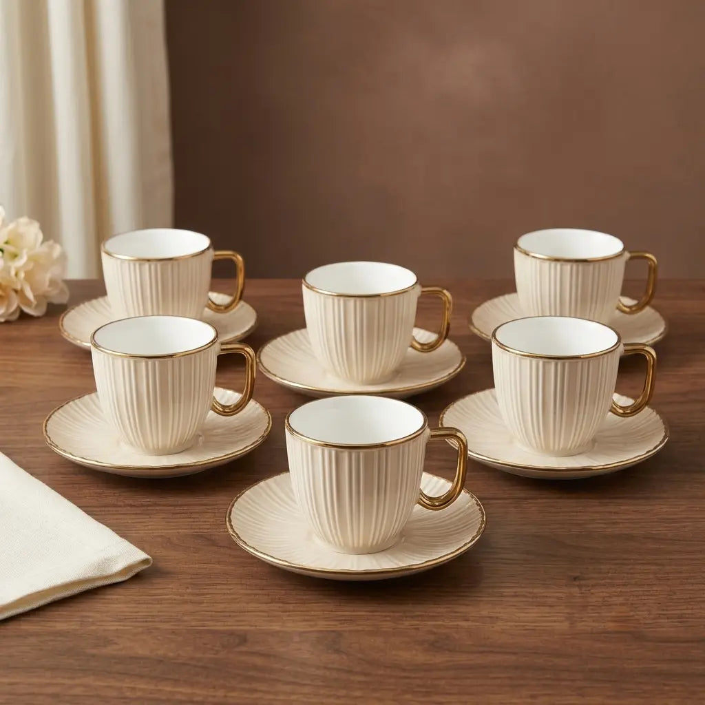 Ivory & Gold Ribbed Cup & Saucer Set – 12 Pcs | 6 Cups + 6 Saucers