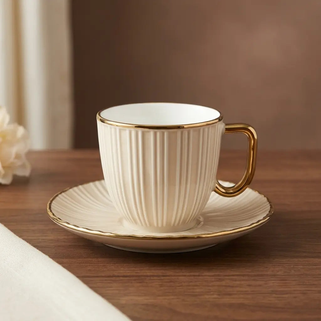 Ivory & Gold Ribbed Cup & Saucer Set – 12 Pcs | 6 Cups + 6 Saucers