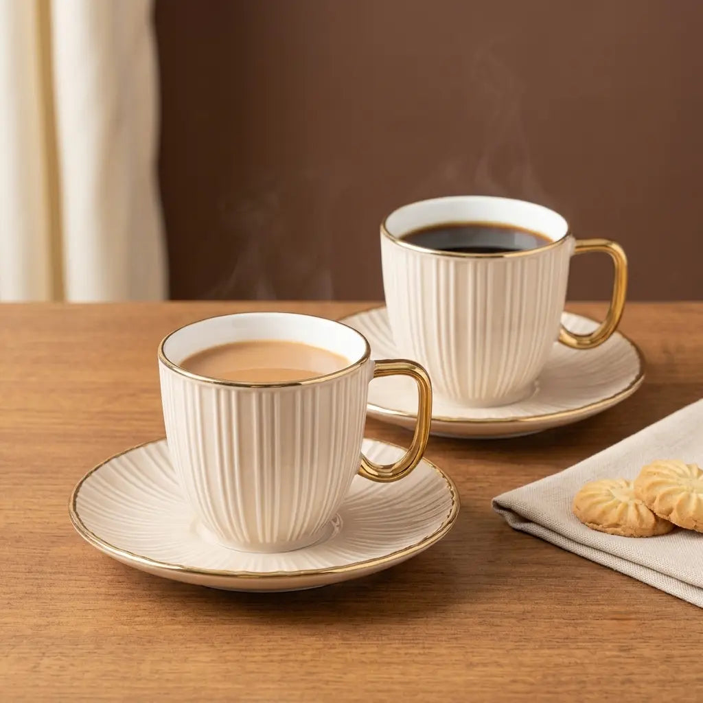 Ivory & Gold Ribbed Cup & Saucer Set – 12 Pcs | 6 Cups + 6 Saucers