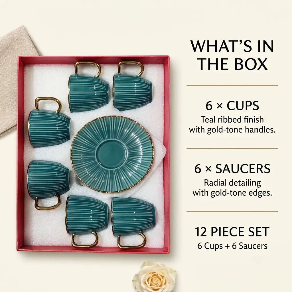 Teal & Gold Ribbed Cup & Saucer Set – 12 Pcs | 6 Cups + 6 Saucers