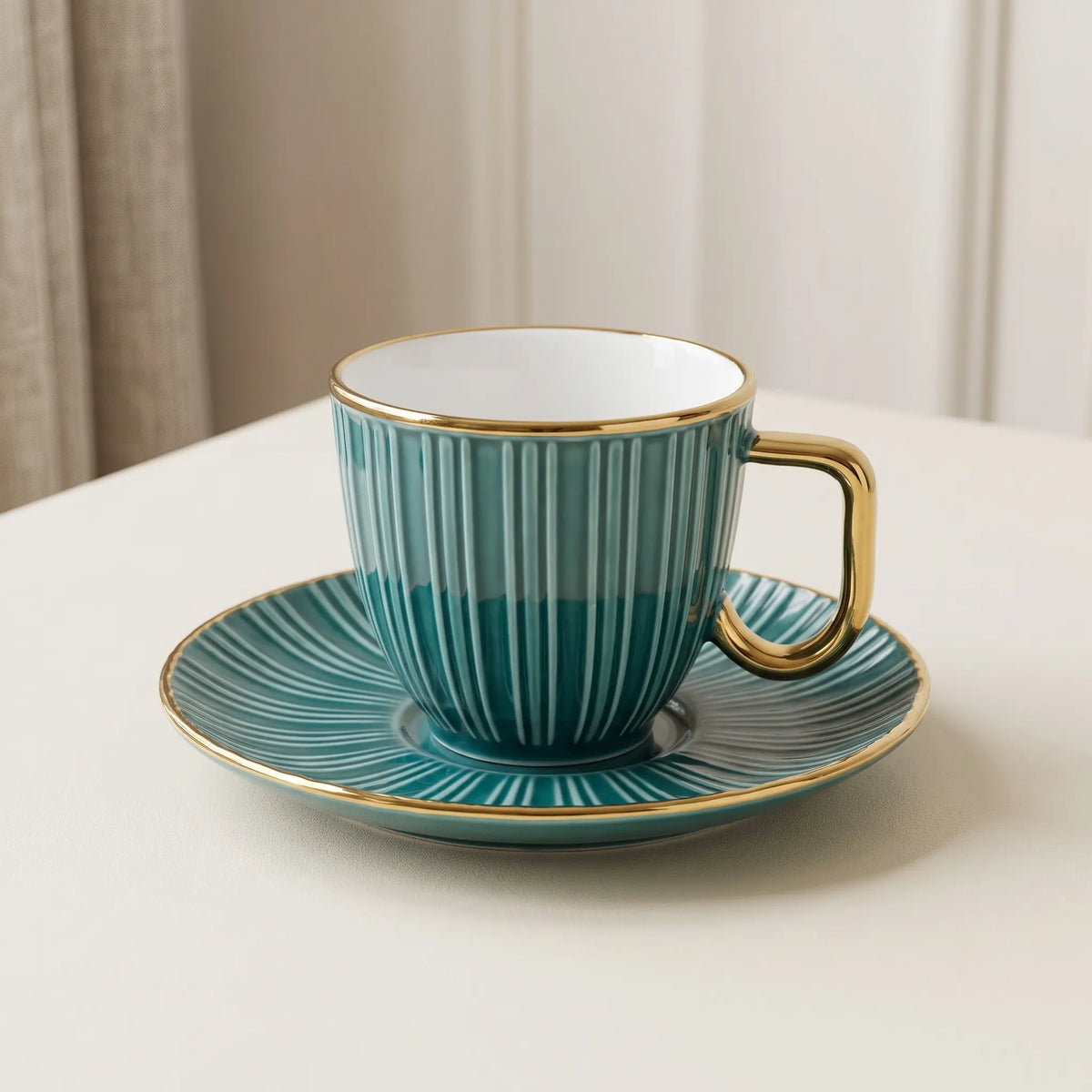 Teal & Gold Ribbed Cup & Saucer Set – 12 Pcs | 6 Cups + 6 Saucers