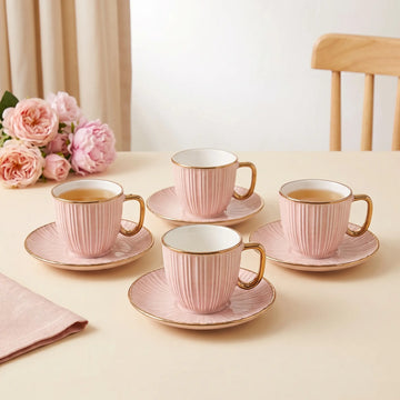 Pink & Gold Ribbed Cup & Saucer Set – 12 Pcs | 6 Cups + 6 Saucers