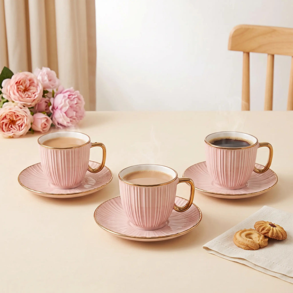 Pink & Gold Ribbed Cup & Saucer Set – 12 Pcs | 6 Cups + 6 Saucers