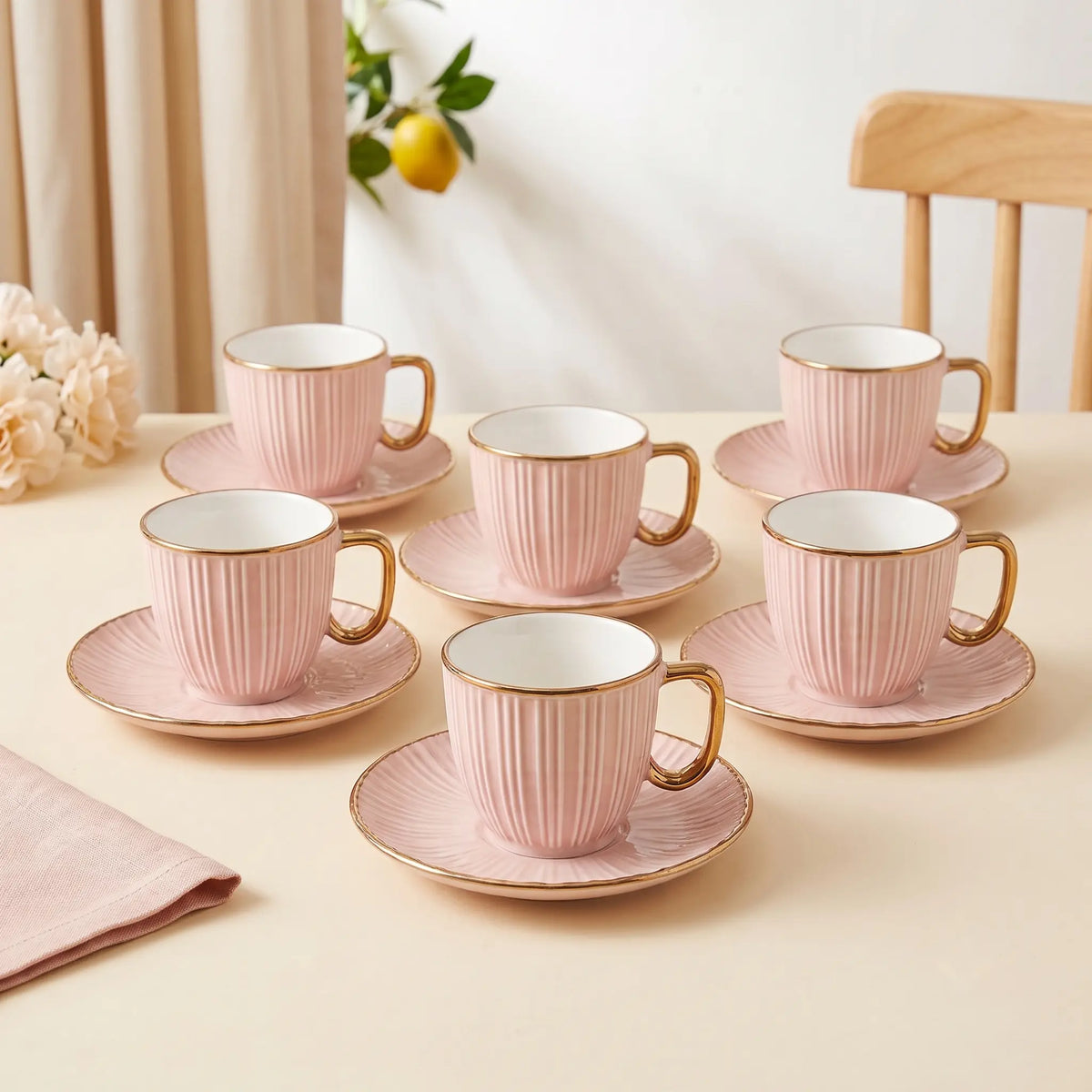 Pink & Gold Ribbed Cup & Saucer Set – 12 Pcs | 6 Cups + 6 Saucers