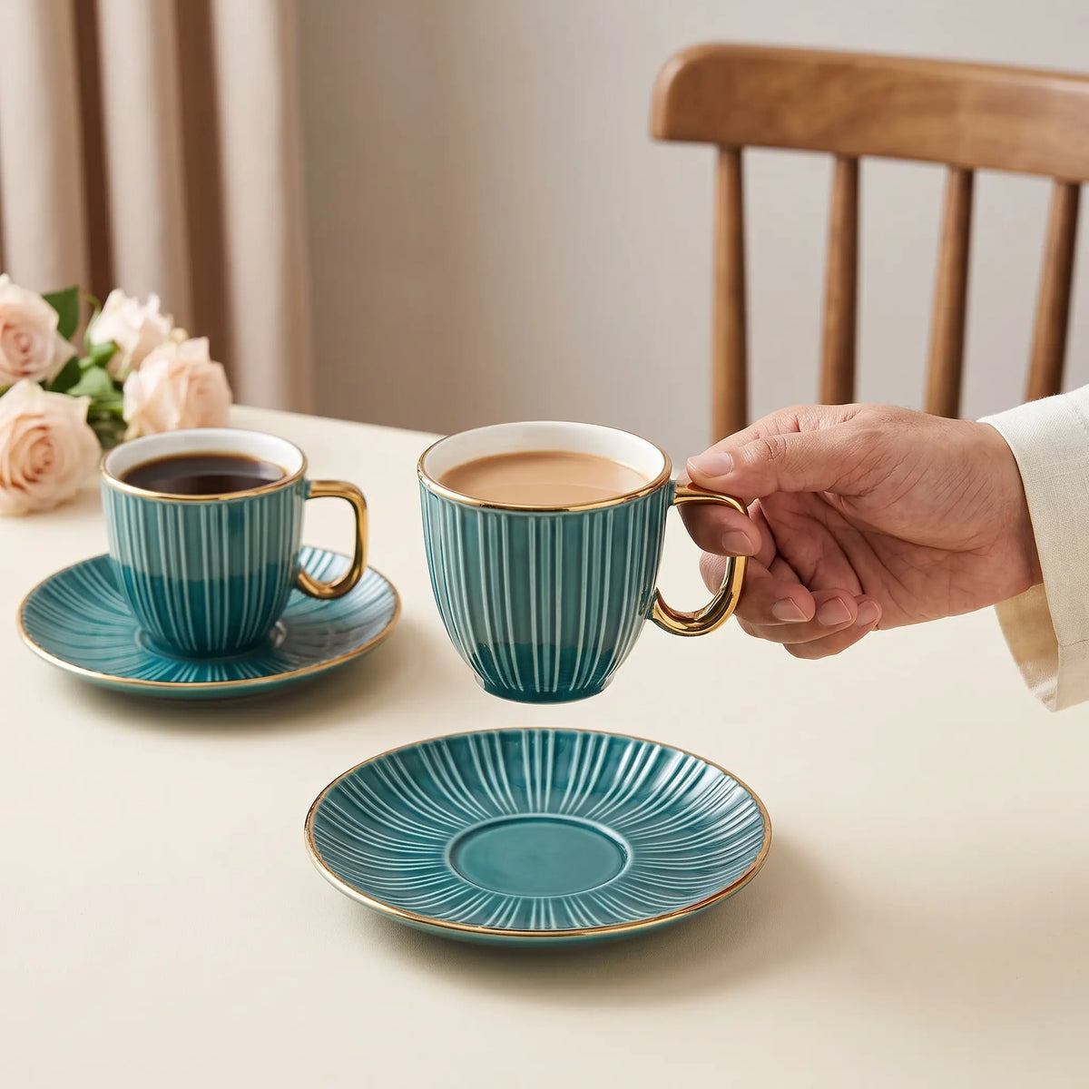 Teal & Gold Ribbed Cup & Saucer Set – 12 Pcs | 6 Cups + 6 Saucers