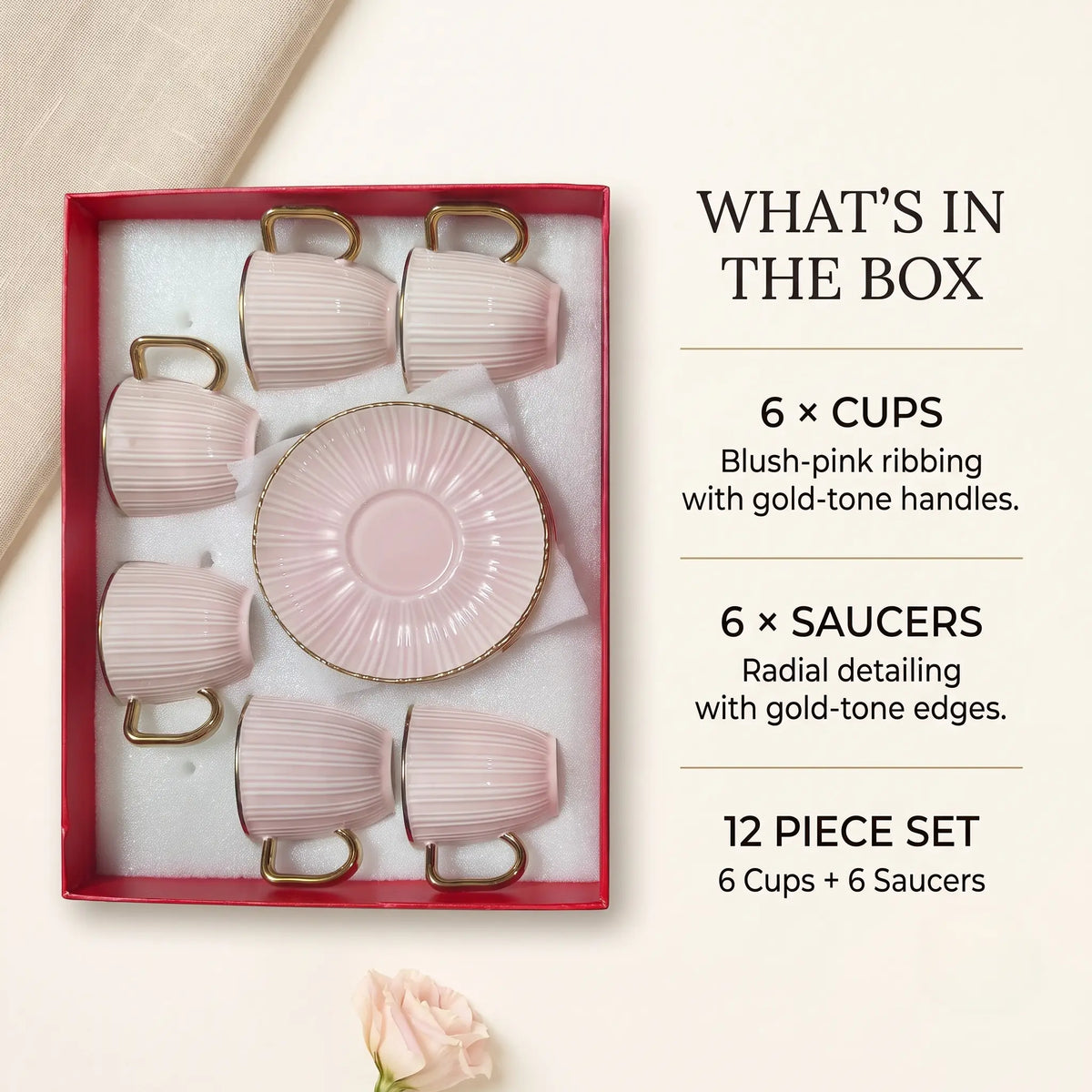 Pink & Gold Ribbed Cup & Saucer Set – 12 Pcs | 6 Cups + 6 Saucers