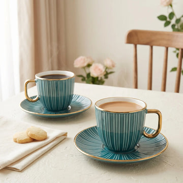 Teal & Gold Ribbed Cup & Saucer Set – 12 Pcs | 6 Cups + 6 Saucers