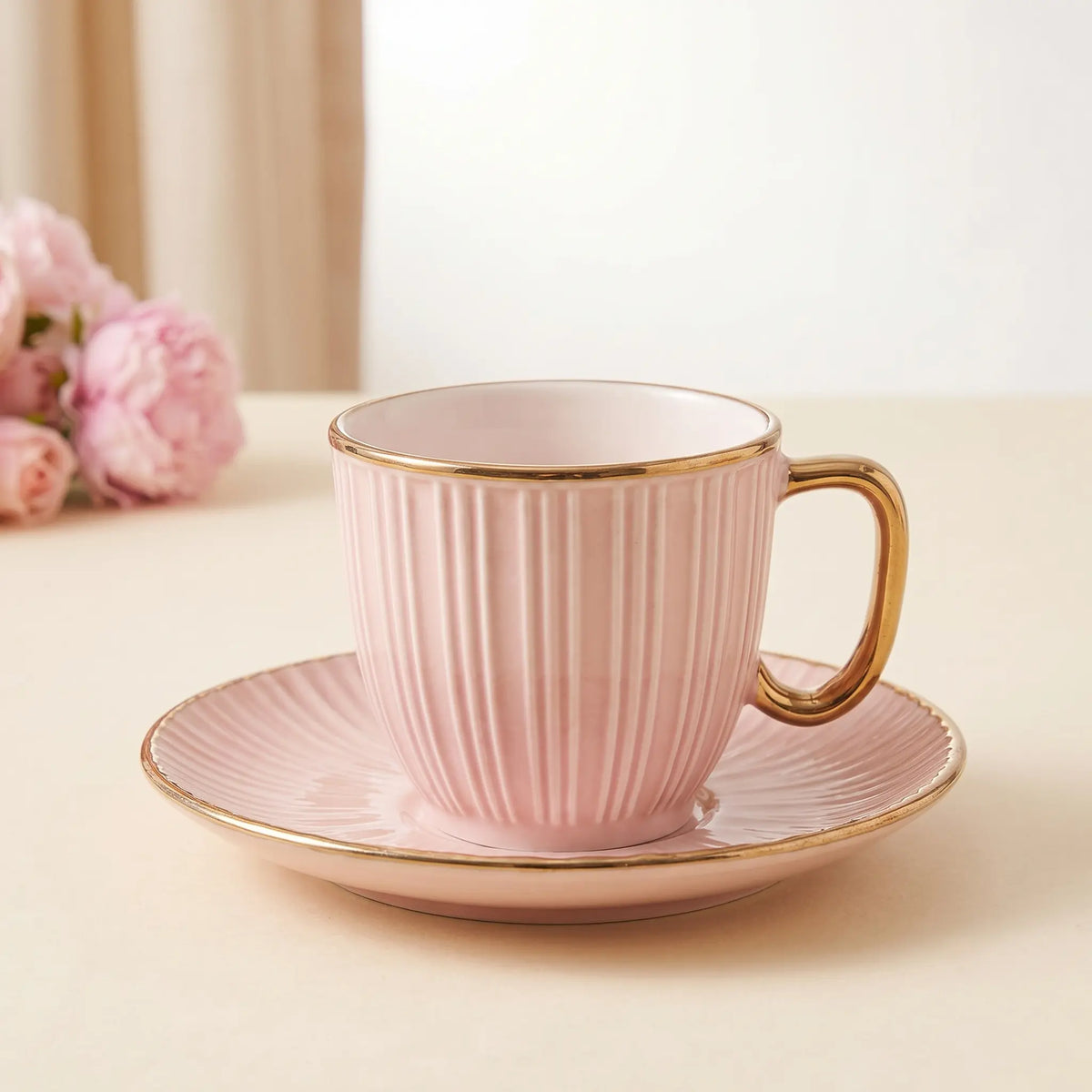 Pink & Gold Ribbed Cup & Saucer Set – 12 Pcs | 6 Cups + 6 Saucers