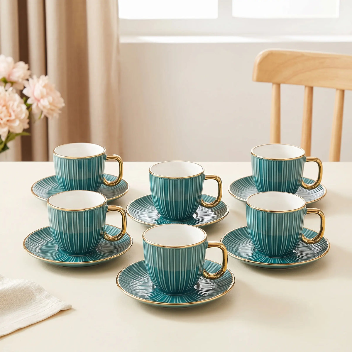 Teal & Gold Ribbed Cup & Saucer Set – 12 Pcs | 6 Cups + 6 Saucers