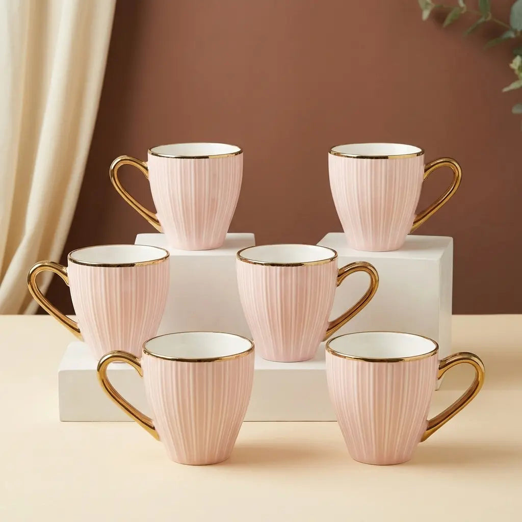 Blush Pink & Gold Ribbed Cup Set – 6 Pcs | Tea & Coffee Cups