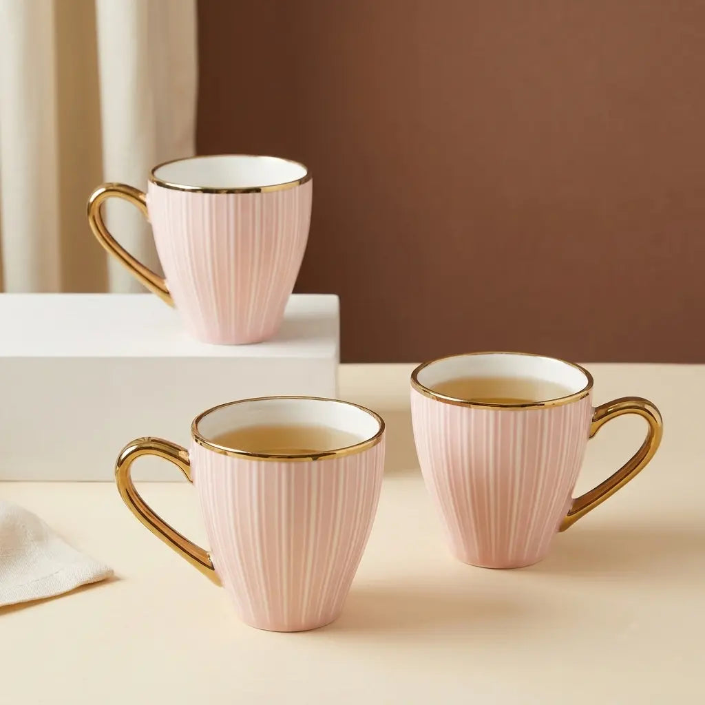 Blush Pink & Gold Ribbed Cup Set – 6 Pcs | Tea & Coffee Cups