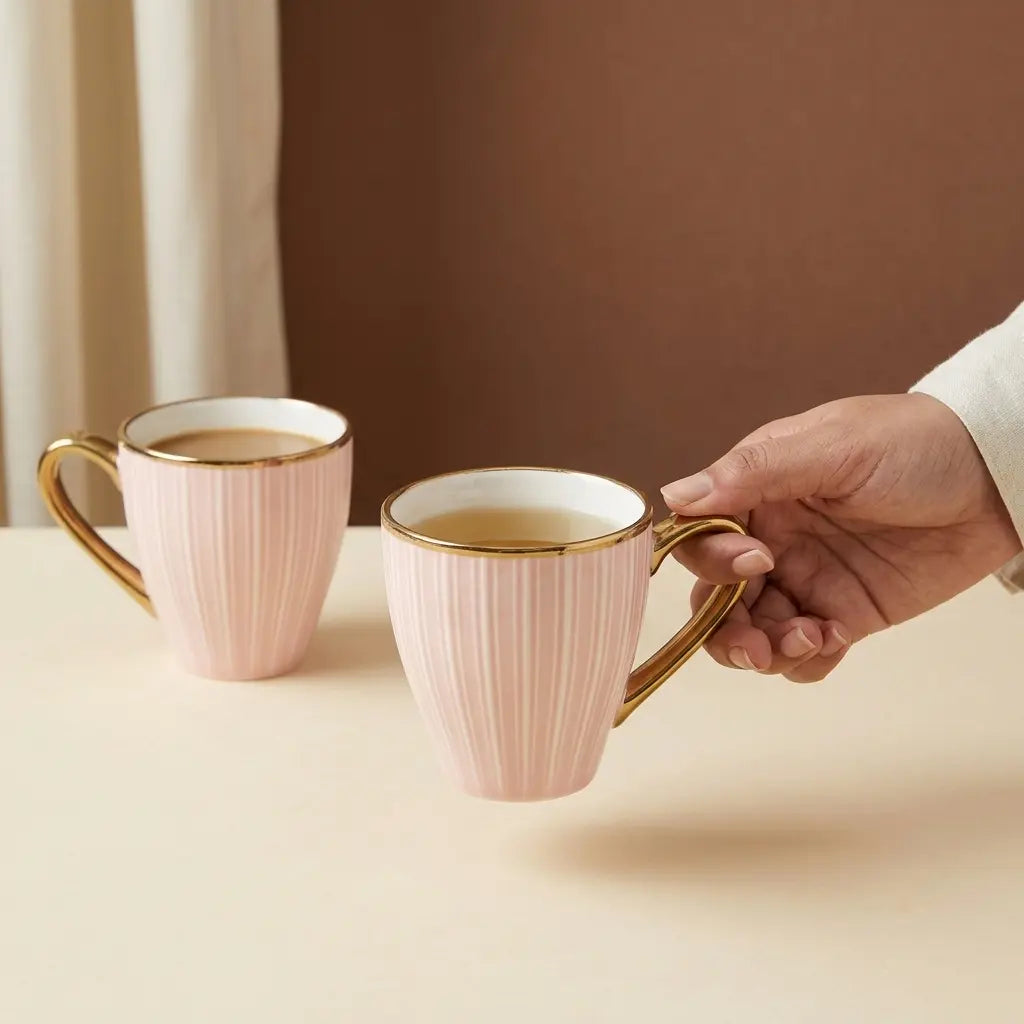 Blush Pink & Gold Ribbed Cup Set – 6 Pcs | Tea & Coffee Cups