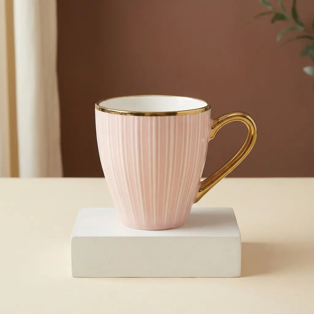 Blush Pink & Gold Ribbed Cup Set – 6 Pcs | Tea & Coffee Cups