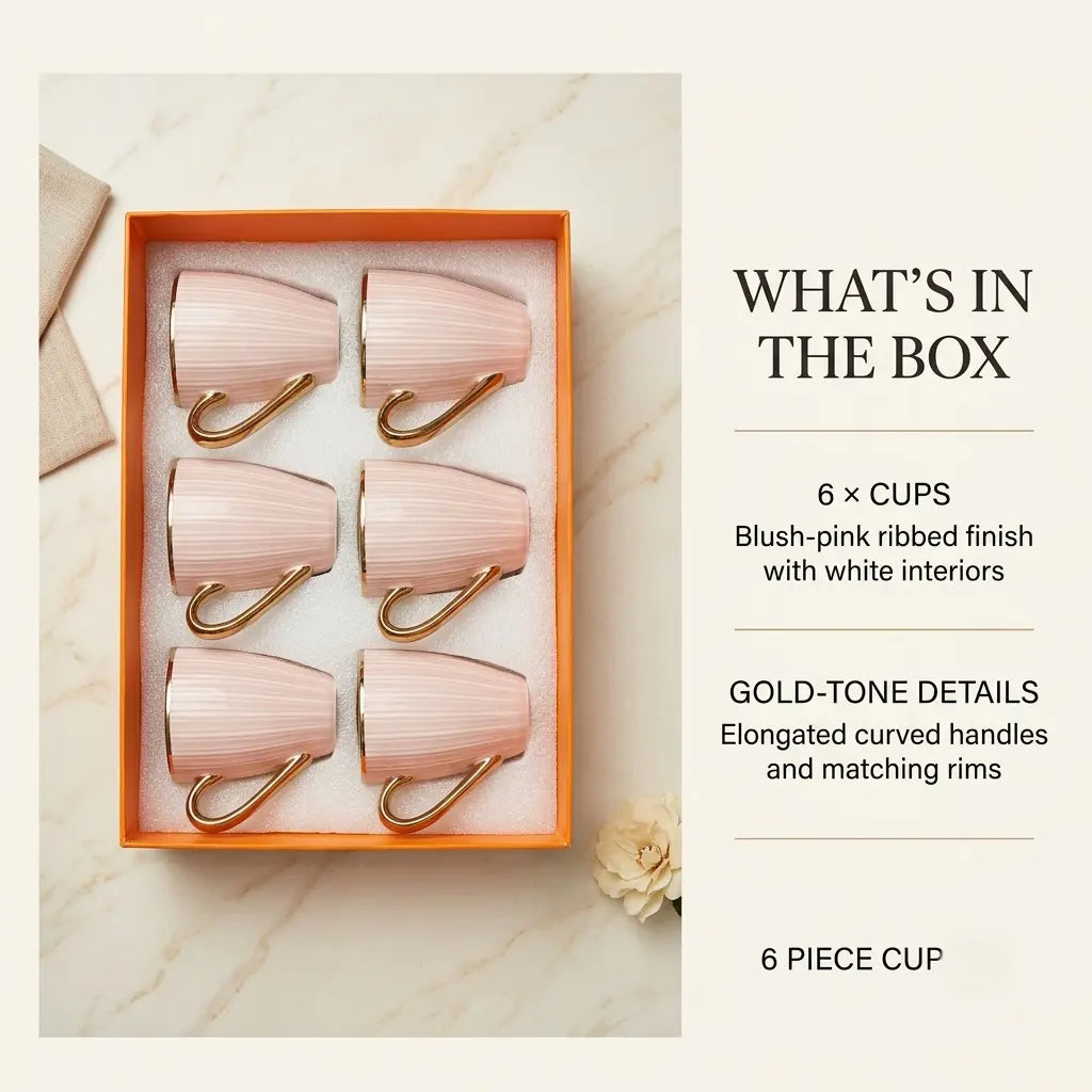 Blush Pink & Gold Ribbed Cup Set – 6 Pcs | Tea & Coffee Cups