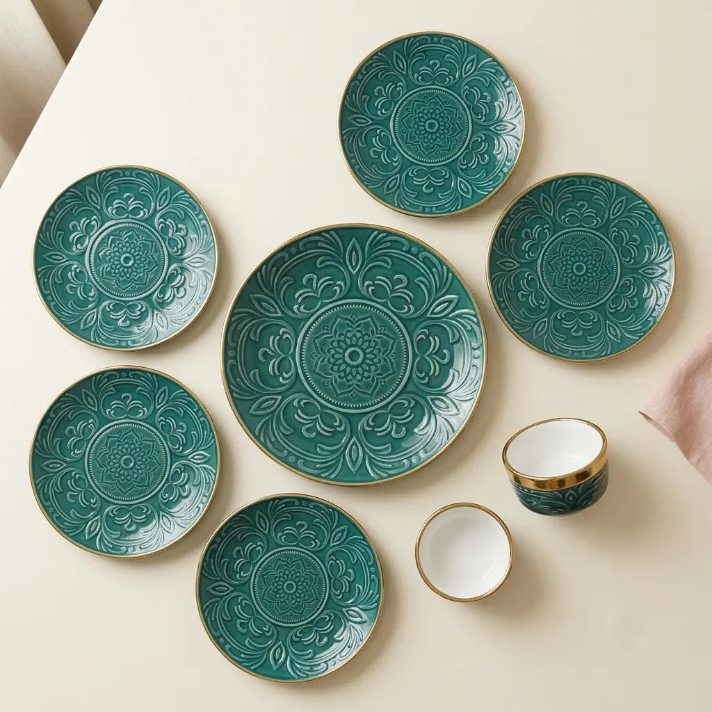 Premium 9 Pcs Embossed Snack Serving Set – Emerald Green & Gold