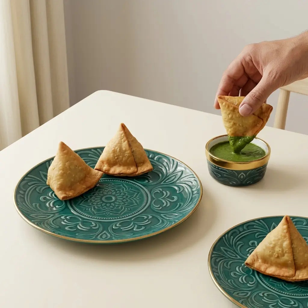 Premium 9 Pcs Embossed Snack Serving Set – Emerald Green & Gold
