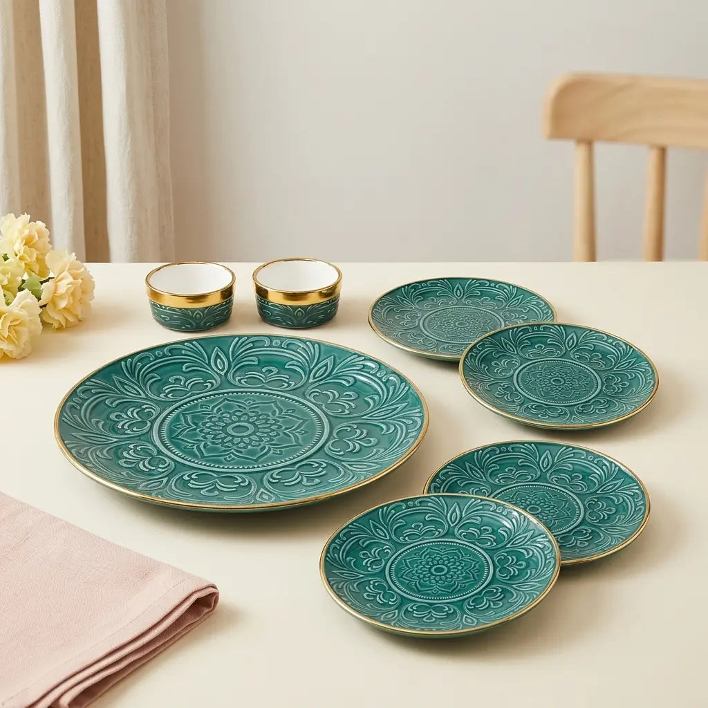 Premium 9 Pcs Embossed Snack Serving Set – Emerald Green & Gold