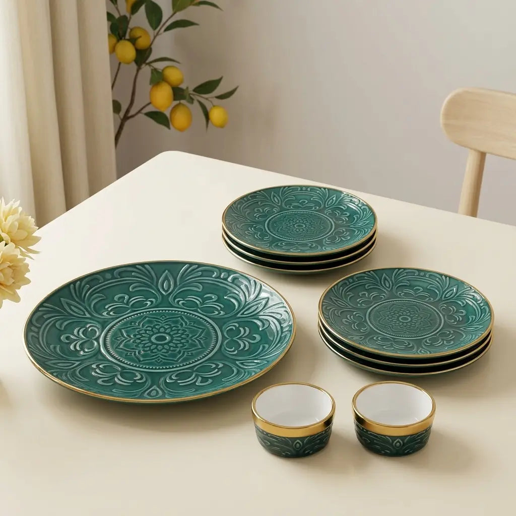 Premium 9 Pcs Embossed Snack Serving Set – Emerald Green & Gold