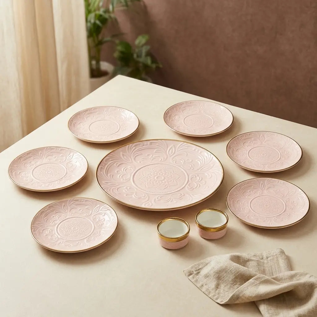 Premium 9 Pcs Embossed Snack Serving Set – Blush Pink & Gold