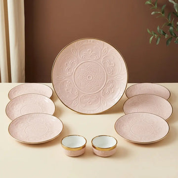 Premium 9 Pcs Embossed Snack Serving Set – Blush Pink & Gold