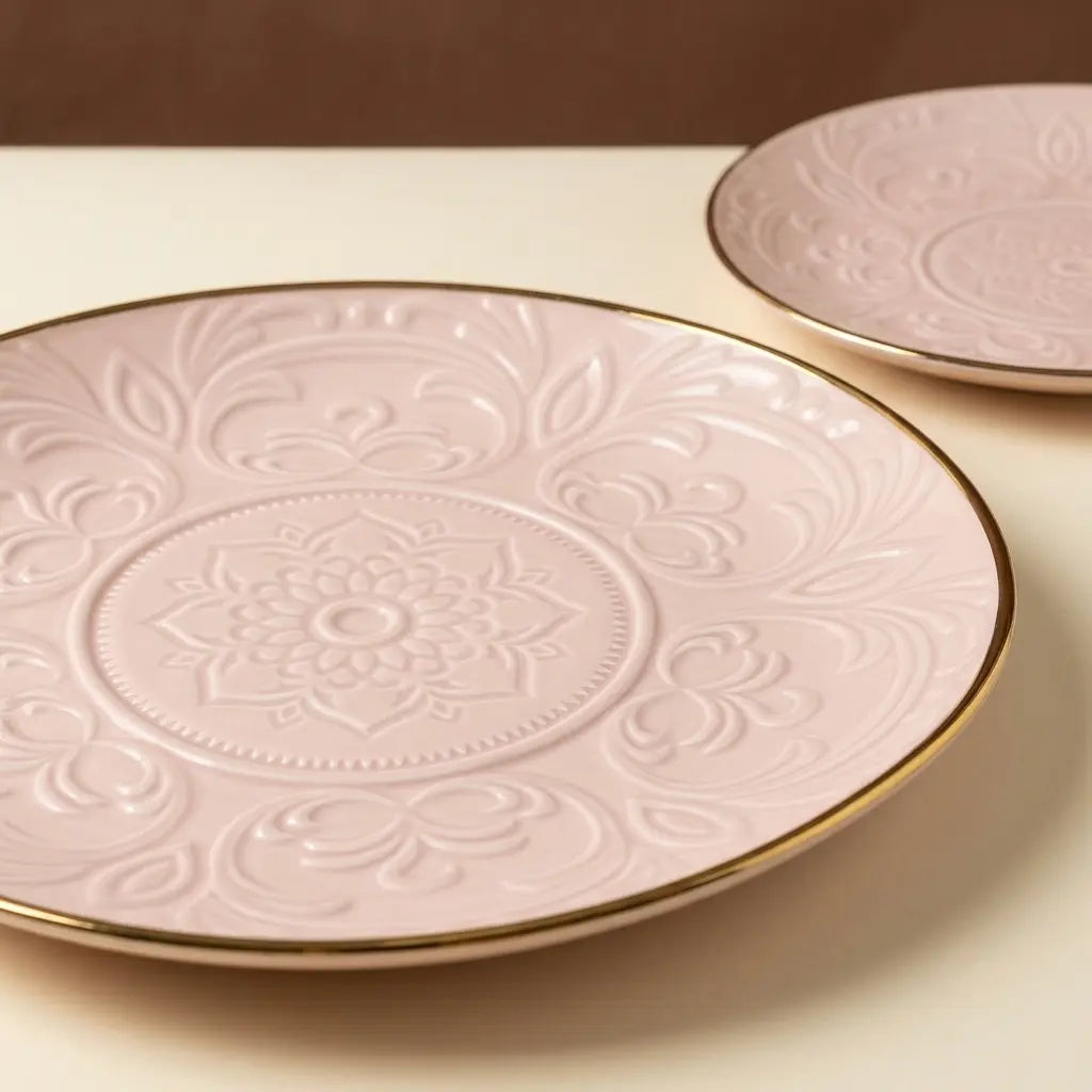 Premium 9 Pcs Embossed Snack Serving Set – Blush Pink & Gold