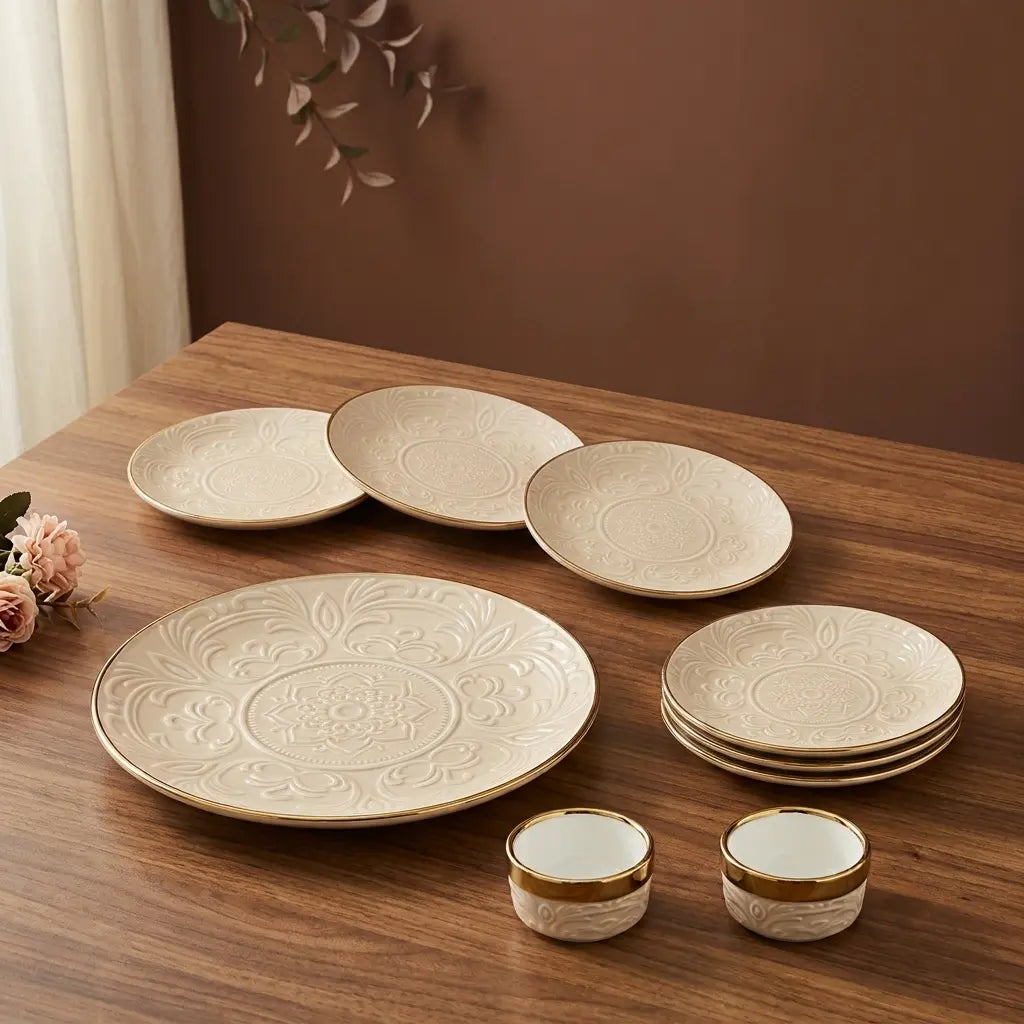 Premium 9 Pcs Embossed Snack Serving Set – Ivory & Gold