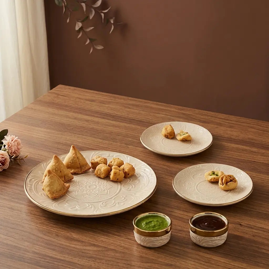 Premium 9 Pcs Embossed Snack Serving Set – Ivory & Gold
