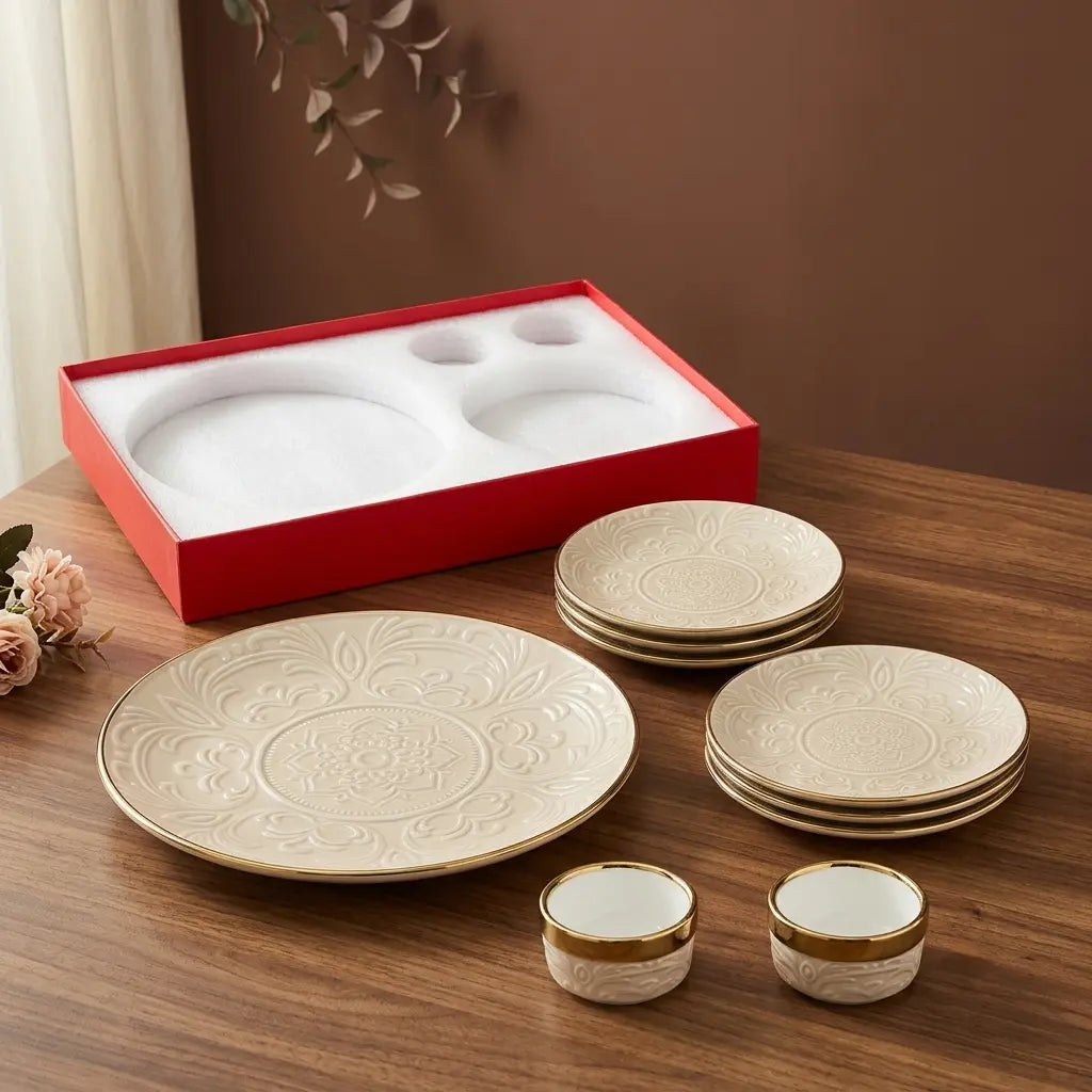 Premium 9 Pcs Embossed Snack Serving Set – Ivory & Gold