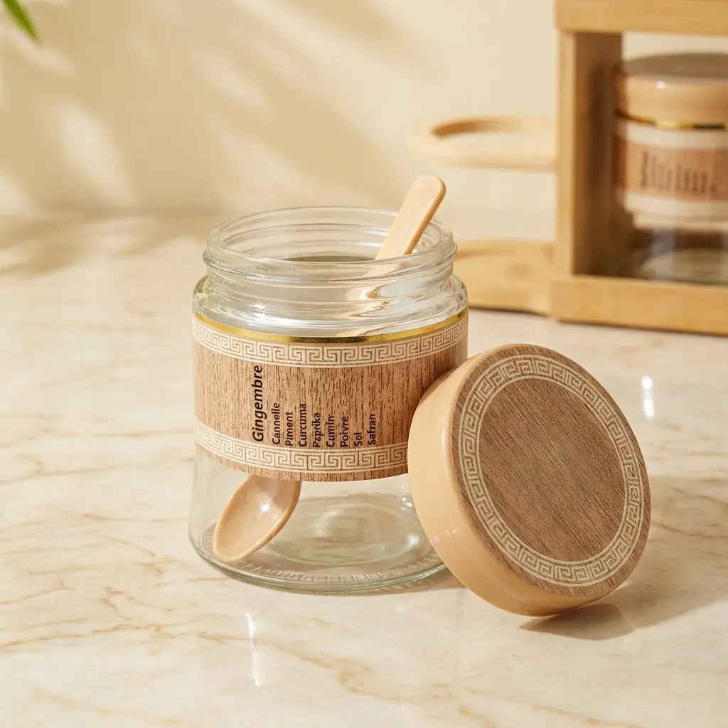 Kitchen Organizer Set with Stand – 6 Glass Spice Jars & 2 Oil Dispensers