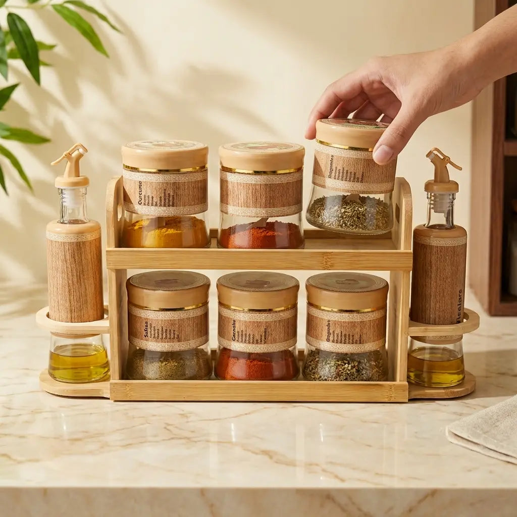 Kitchen Organizer Set with Stand – 6 Glass Spice Jars & 2 Oil Dispensers
