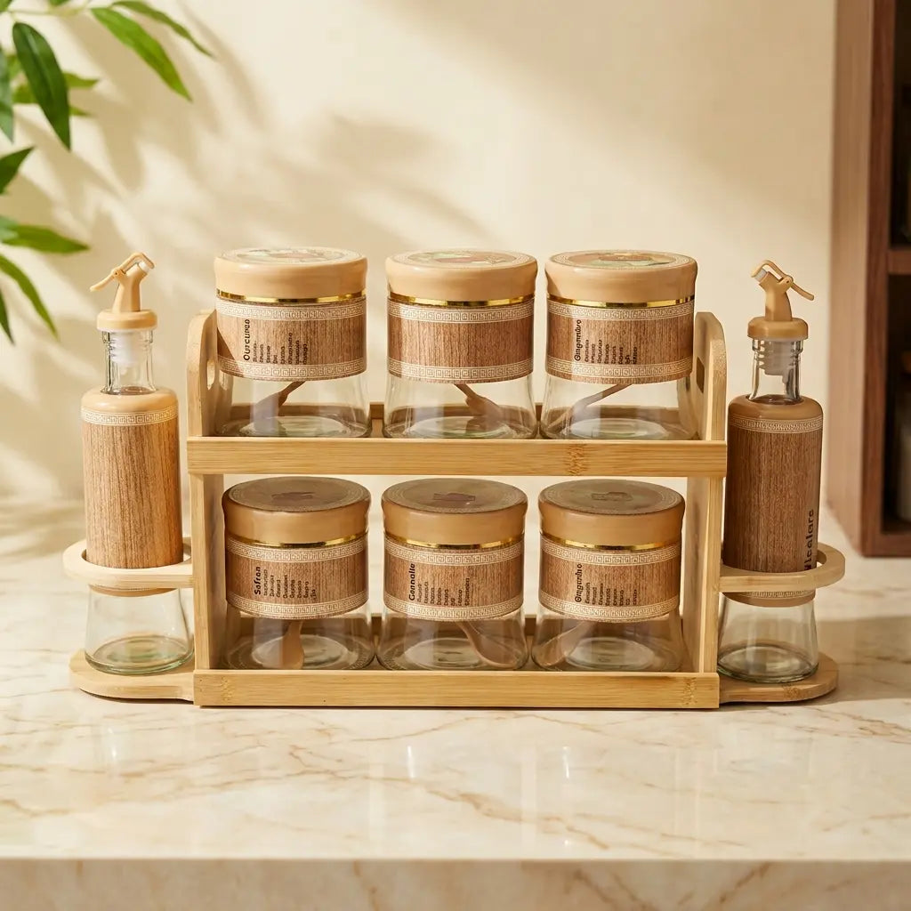 Kitchen Organizer Set with Stand – 6 Glass Spice Jars & 2 Oil Dispensers