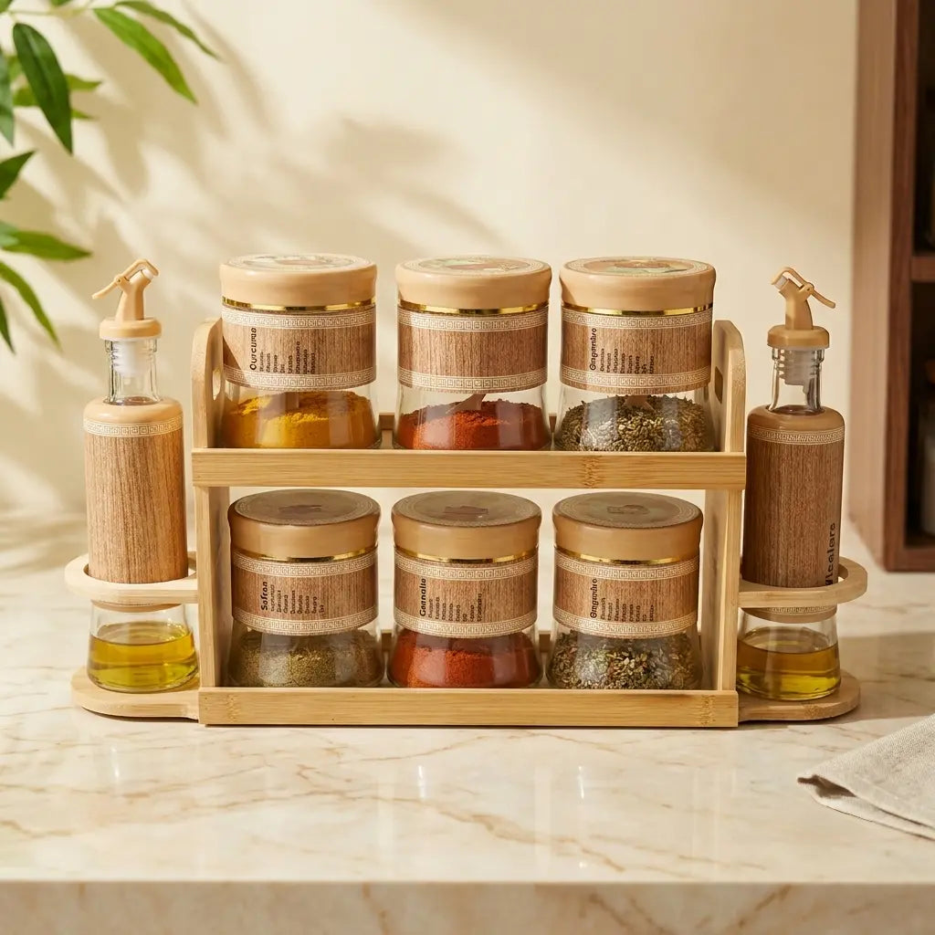 Kitchen Organizer Set with Stand – 6 Glass Spice Jars & 2 Oil Dispensers