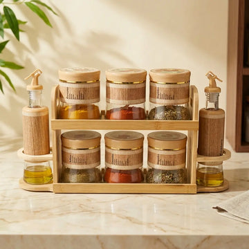 Kitchen Organizer Set with Stand – 6 Glass Spice Jars & 2 Oil Dispensers
