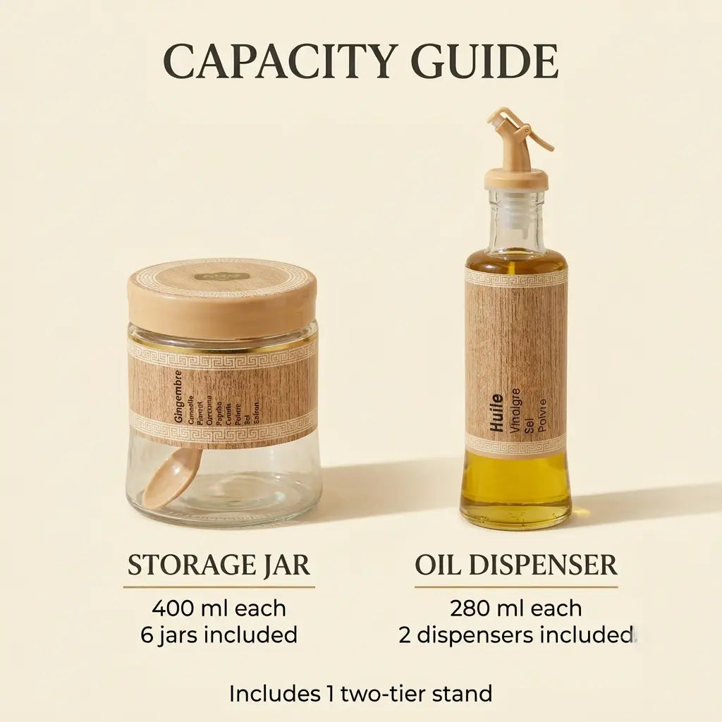 Kitchen Organizer Set with Stand – 6 Glass Spice Jars & 2 Oil Dispensers