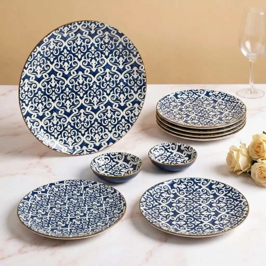 9 Pcs Ceramic Snack & Serving Platter Set with Chutney Bowls – Blue | 6120-1