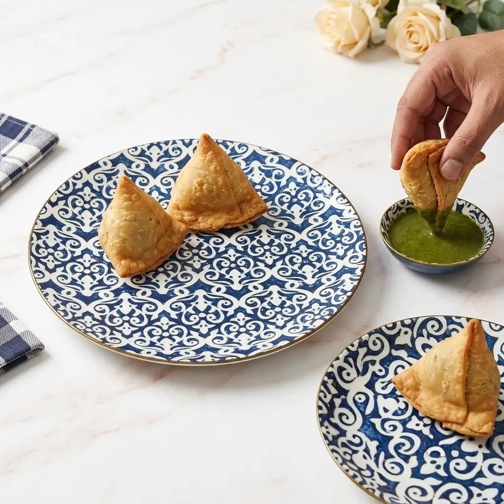9 Pcs Ceramic Snack & Serving Platter Set with Chutney Bowls – Blue | 6120-1