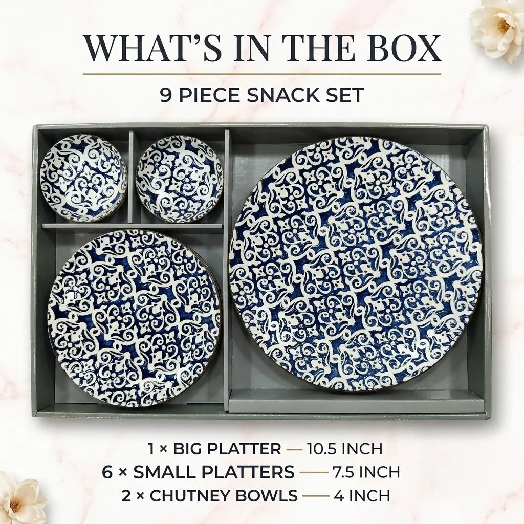 9 Pcs Ceramic Snack & Serving Platter Set with Chutney Bowls – Blue | 6120-1