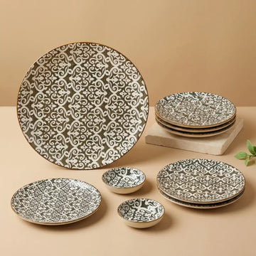 9 Pcs Ceramic Snack & Serving Platter Set with Chutney Bowls – Olive | 6120-2