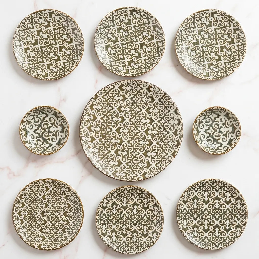 9 Pcs Ceramic Snack & Serving Platter Set with Chutney Bowls – Olive | 6120-2