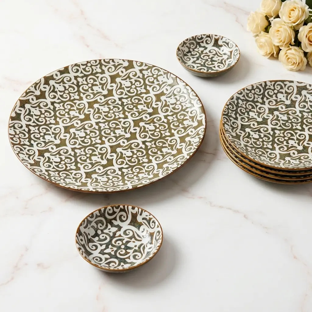 9 Pcs Ceramic Snack & Serving Platter Set with Chutney Bowls – Olive | 6120-2