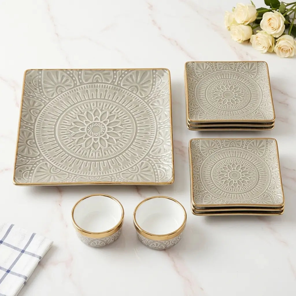 9 Pcs Ceramic Square Snack & Serving Platter Set with Chutney Bowls – Grey & Gold | 6065-2