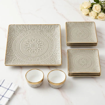 9 Pcs Ceramic Square Snack & Serving Platter Set with Chutney Bowls – Grey & Gold | 6065-2