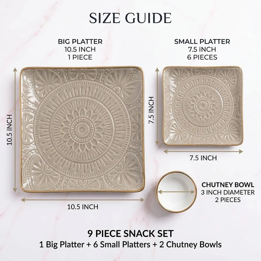 9 Pcs Ceramic Square Snack & Serving Platter Set with Chutney Bowls – Grey & Gold | 6065-2