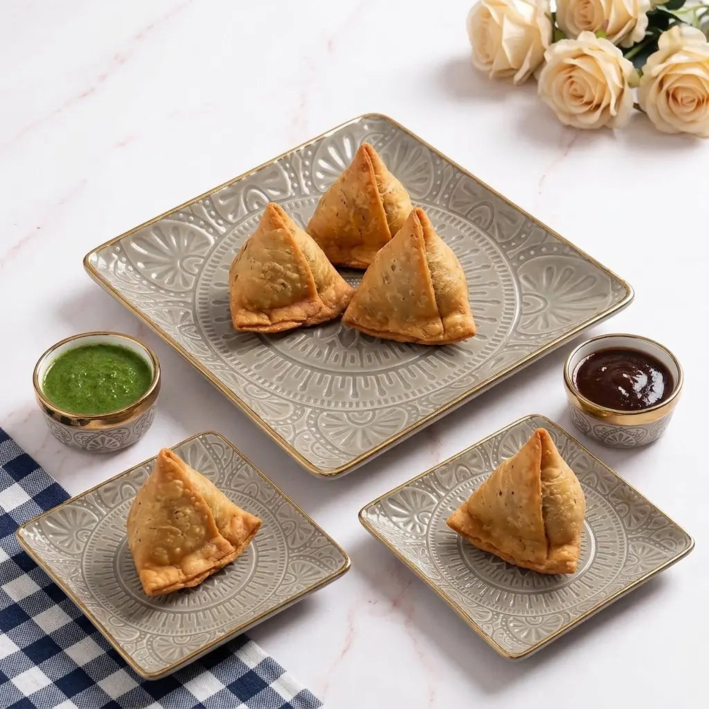 9 Pcs Ceramic Square Snack & Serving Platter Set with Chutney Bowls – Grey & Gold | 6065-2
