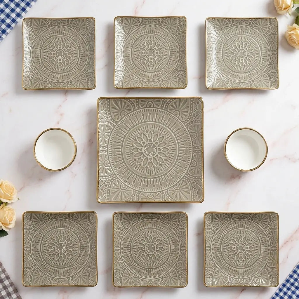 9 Pcs Ceramic Square Snack & Serving Platter Set with Chutney Bowls – Grey & Gold | 6065-2