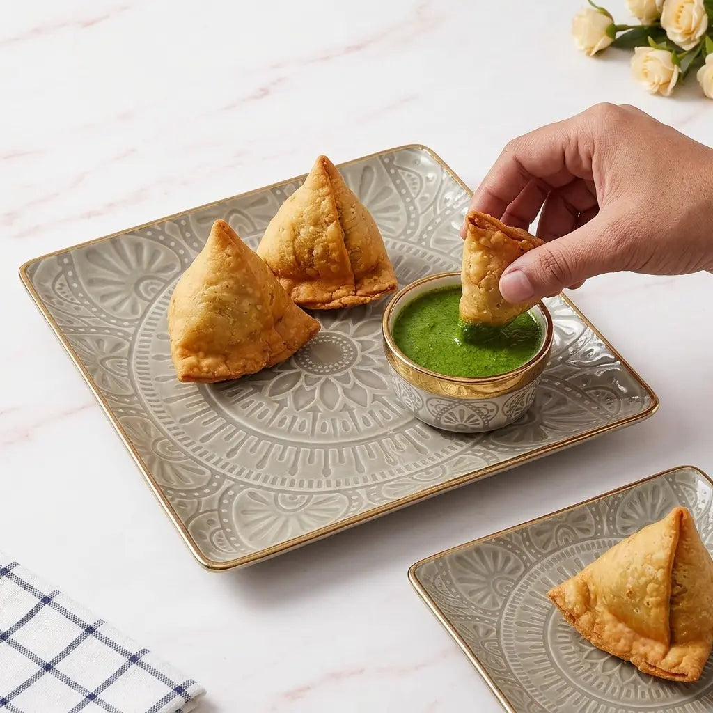 9 Pcs Ceramic Square Snack & Serving Platter Set with Chutney Bowls – Grey & Gold | 6065-2