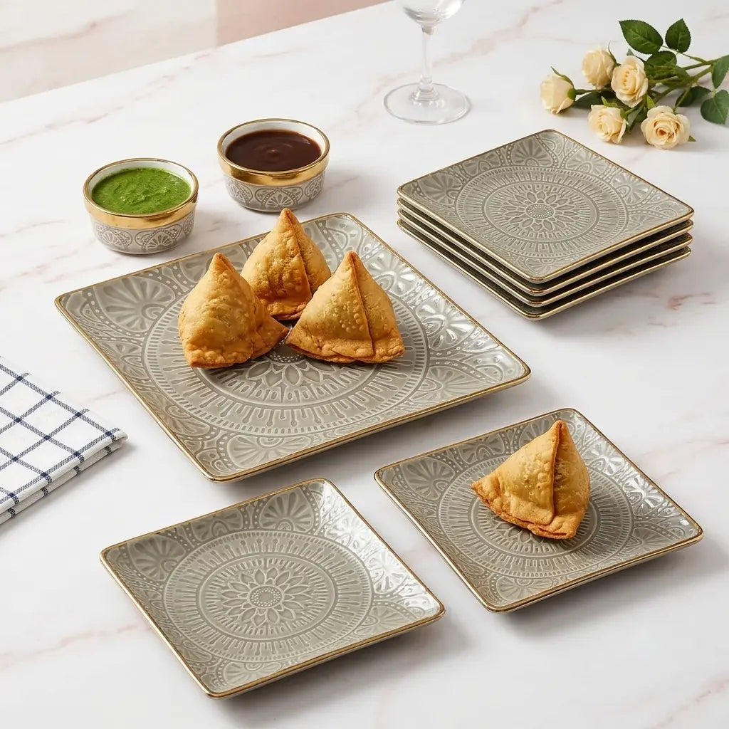 9 Pcs Ceramic Square Snack & Serving Platter Set with Chutney Bowls – Grey & Gold | 6065-2